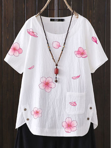 

Floral Crew Neck Vacation Short Sleeve Tops, White, Tunics