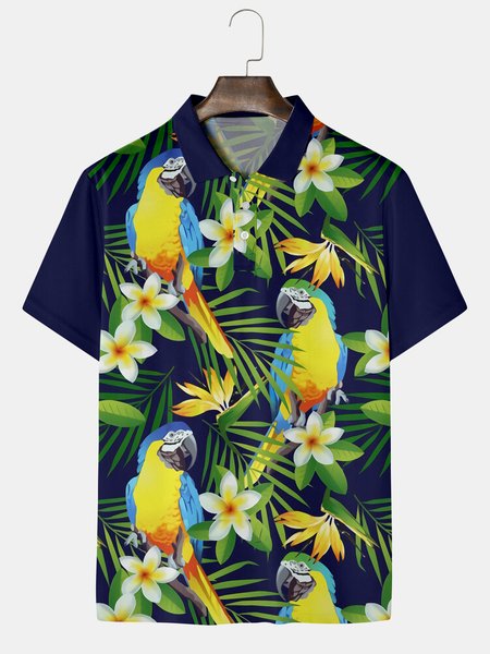 

Resort-Style Hawaiian Leaf And Parrot Element Lapel Short-Sleeved Polo Print Top, Purplish blue, Men's t-shirts