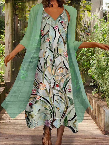 

Casual Floral V neck Loosen Two Piece Sets, Green, Maxi Dresses