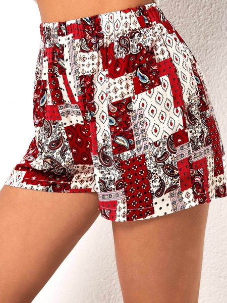 

Loose pocket elastic waist tribal folk cashew flower print loose vacation shorts Plus Size, Multicolor, Shorts
