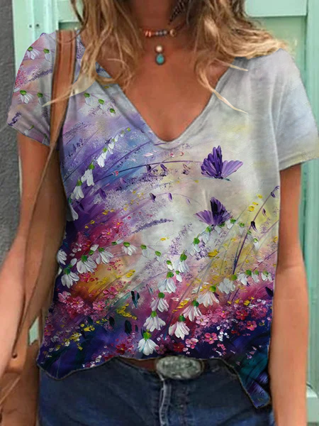 

Casual Butterfly Short Sleeve T-Shirt, Purple, T-Shirts