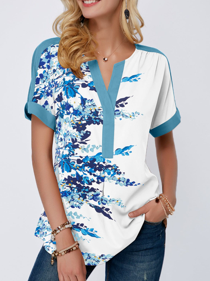 

V Neck Floral Casual Short Sleeve Tops, White, Shirts & Blouses