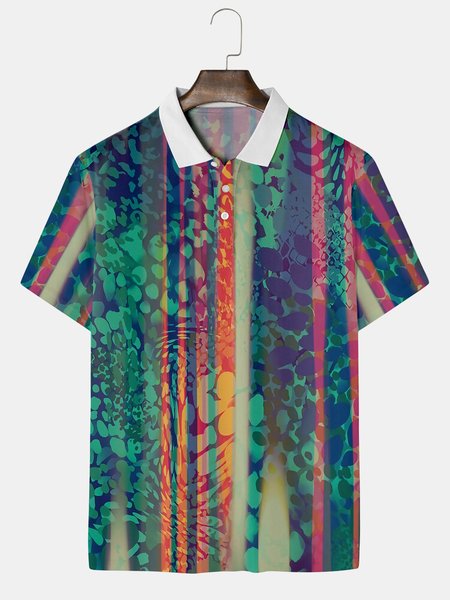 

Resort Style Hawaii Series Gradient Wtriped Wave Element Lapel Short-Sleeved Polo Print Top, Green, Men's t-shirts