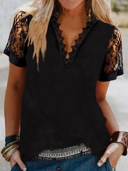 

Casual Lace V neck Solid Loosen Short Sleeve T-Shirt, Black, T-Shirts