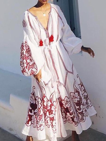 

Loosen Boho Tribal Geometric Floral V Neck Raglan Sleeve Long sleeve Woven Dress, White, Maxi Dresses