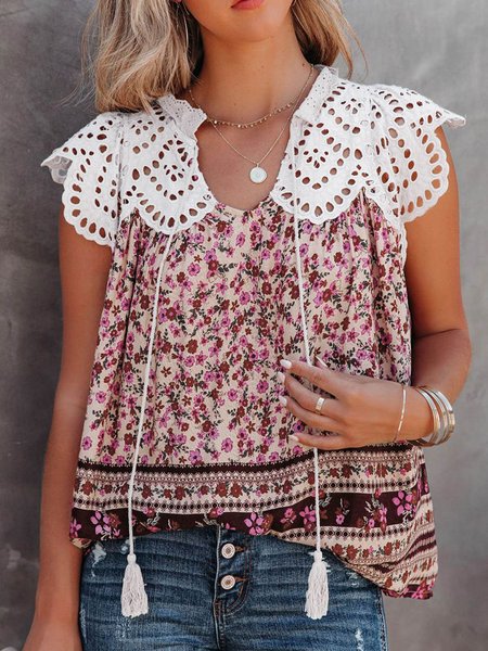 

Plus Size Tribal Boho folk pattern Flower Printed Cotton Floral Cotton Embroidered tassel loose vacation top T-shirt, Multicolor, Shirts & Blouses