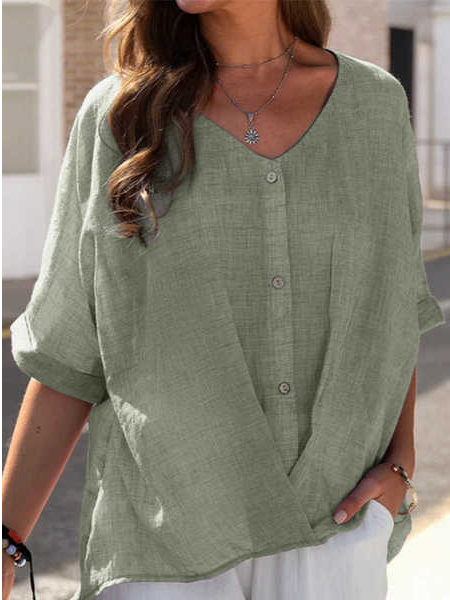 

Vacation V Neck Plain Half Sleeve Tops, Green, Blouses & Shirts