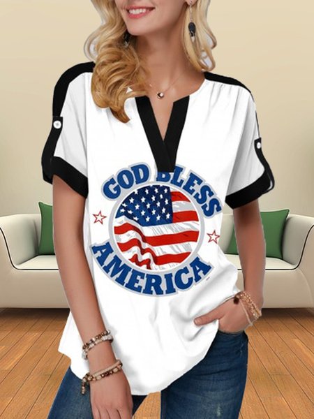 

Casual V Neck Letter Short Sleeve Tops, White, Shirts & Blouses