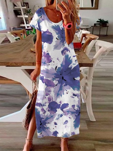 

Floral Ombre Pattern Regular Fit Casual Short Sleeve Knit Dress, White, Dresses