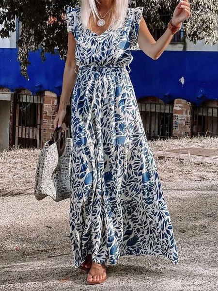 

V Neck Floral Cotton Short Sleeve Woven Dress, Blue, Floral Dresses