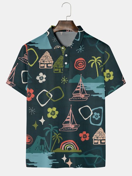 

Resort Style Hawaiian Series Coconut Tree Floral Elements Lapel Short-Sleeved Polo Print Top, Multicolor, Men's t-shirts