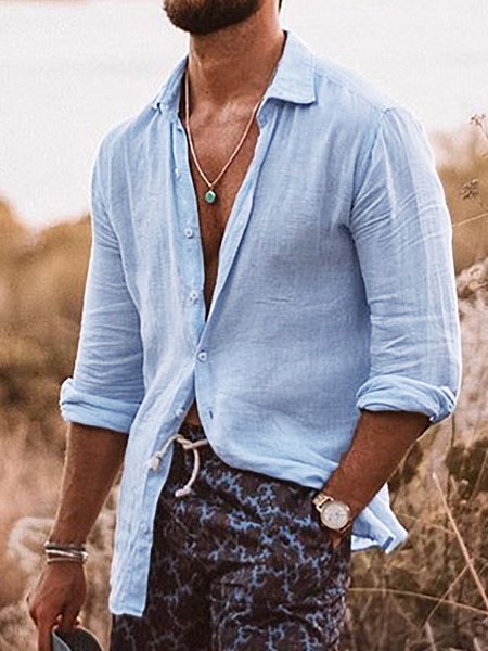 

Men's Cotton Linen Style Long Sleeve Shirt, Blue, Blouses&Shirts