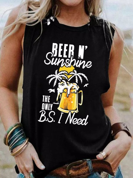 

Casual Loosen Printed Sleeveless Crew Neck Knit Tank, Black, Tank Top