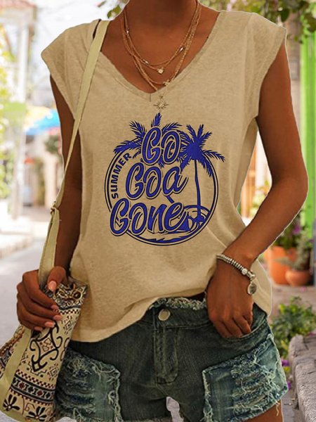 

Casual Vacation Coconut Tree Letter Print V-Neck Tank Top, Khaki, Tank Tops