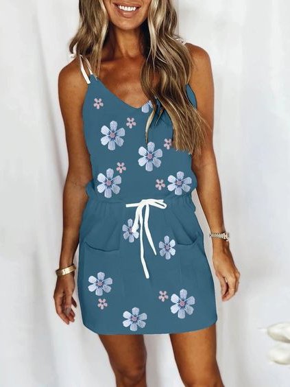 

Floral V Neck Casual Pockets Lace-up Sleeveless Loosen Dresses, Blue, Mini Dresses