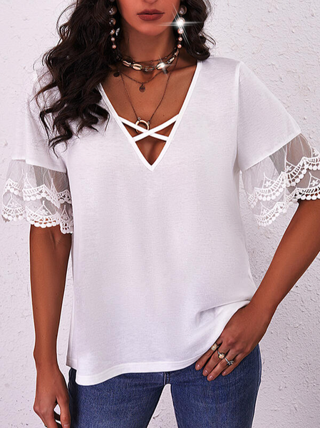 

Casual Lace V Neck Short Sleeve Tops, White, Tees & T-shirts