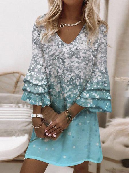 

Romantic Ombre Polka Dots Geometric Printed Casual Loosen V Neck Flare Sleeve Short Sleeve Midi Woven Dress, As picture, Mini Dresses