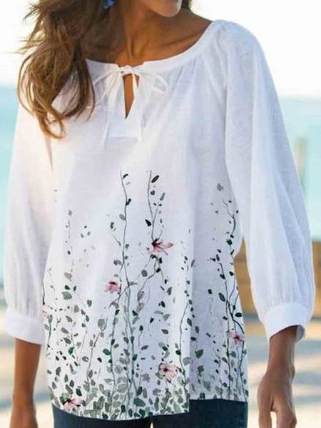 

Vacation Floral Printed Loosen Crew Neck Short Sleeve Tops, White, Tops