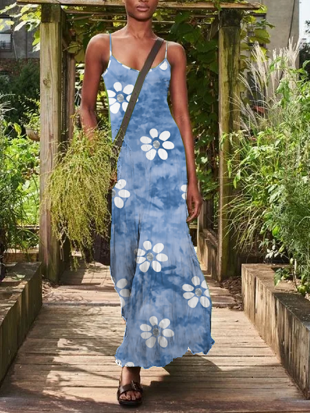 

Regular Fit Casual Spaghetti Sleeveless Knit Dress, Blue, Maxi Dresses