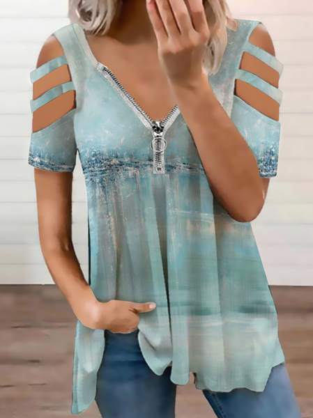 

Casual Simple Gradient Print V-Neck Short Sleeve Top, Light blue, Blouses