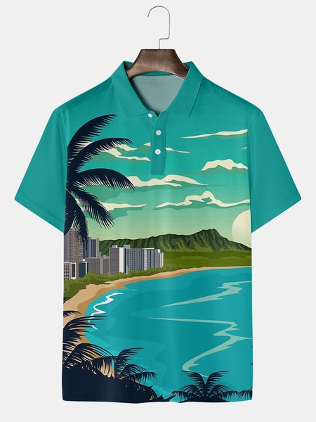 

Resort Style Hawaiian Coconut Tree Beach Element Lapel Short Sleeve Polo Print Top, Blue, Men's t-shirts