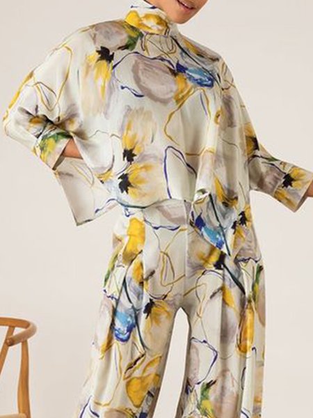 

Stand Collar Casual Abstract Short Sleeve Top, Gray, Blouses and Shirts