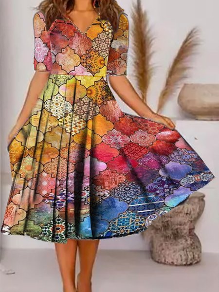 

Geometric V Neck Half Sleeve Plus Size Casual Dresses, Multicolor, Midi Dresses