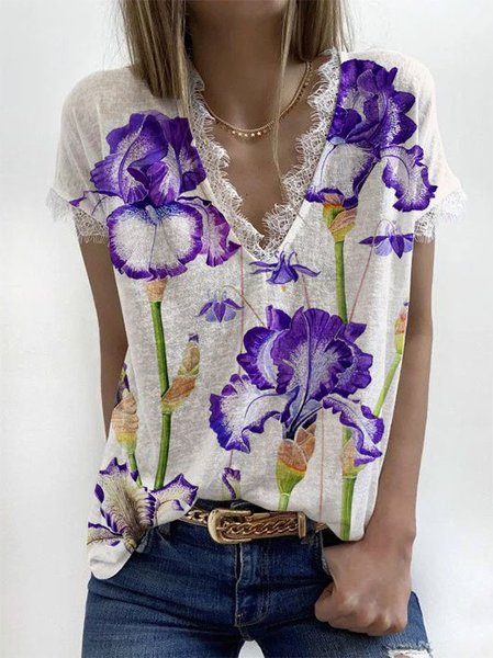 

V Neck Cotton Vacation Short Sleeve Tops, White, T-Shirts