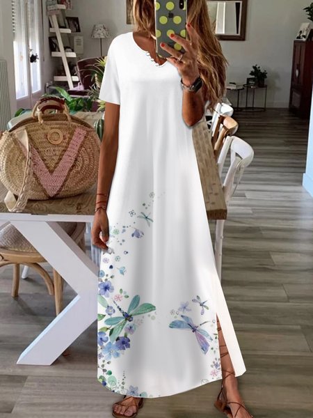 

Vacation Floral Dragonfly Printed Casual Loosen V Neck Buttoned Maxi Short Sleeve Knit Dress, White, Maxi Dresses