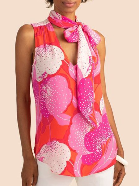 

Daily Tie Neck Abstract Regular Fit Short Sleeve Top, Rose red, Tops
