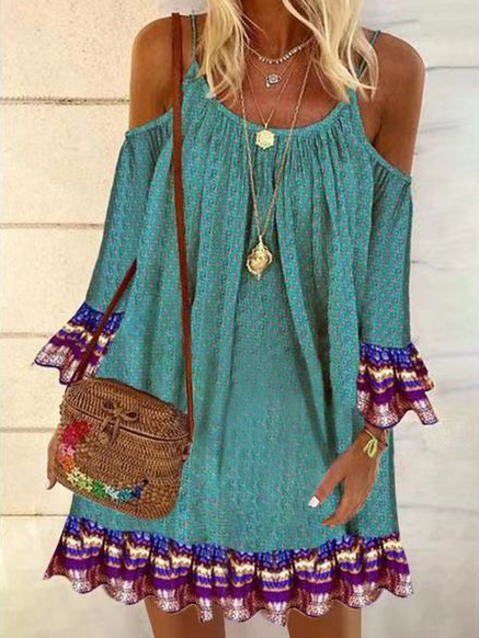 

Spaghetti Boho Long Sleeve Woven Dress, Cyan, Mini Dresses