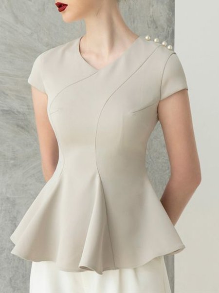 

V Neck Skinny Plain Short Sleeve Top, Light gray, Tops