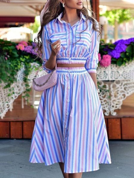 

Regular Fit Striped Shirt Collar Two Piece Set, Blue, Dress&Skirts Set
