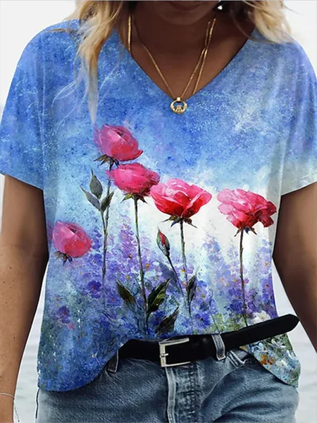 

Floral Casual V neck Short Sleeve T-Shirt, As picture, T-Shirts