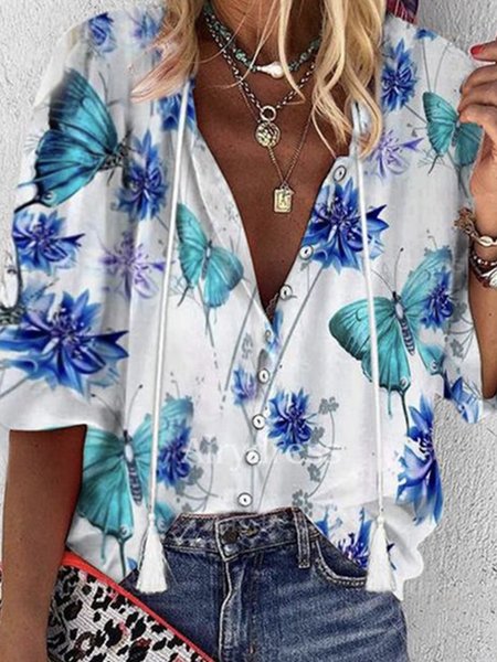 

Vacation V Neck Loosen Mid Sleeve Butterfly Blouse, Multicolor, Shirts & Blouses