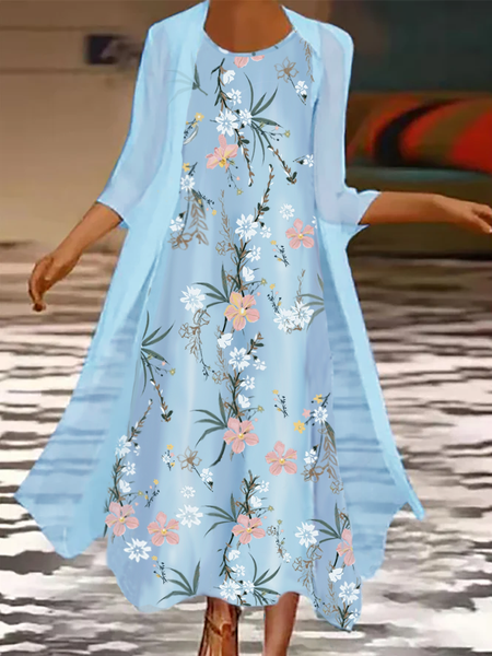 

Floral Sweet Long Sleeve Woven Dress, Sky blue, Maxi Dresses