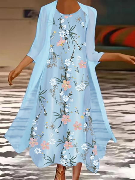 

Three Quarter Sleeves Floral Printed Loosen Weaving Dress Suits, Sky blue, Maxi Dresses