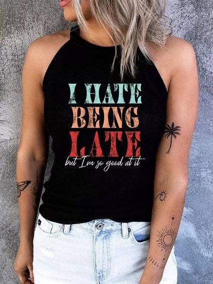 

I Hate Being Late Halter Casual Loosen Knit Tank, Black, Tanks & Camis