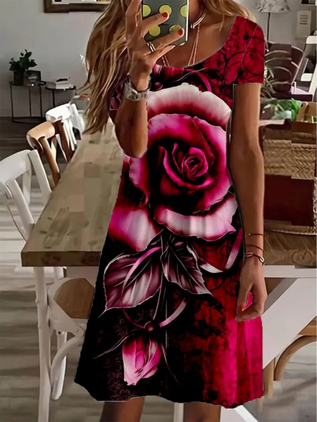 

Red Rose Printed Casual Vacation Short Sleeve Round Neck Mini Dress, Dresses