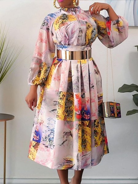 

Floral Regular Fit Elegant Long Sleeve Woven Dress, Beige, Maxi Dresses