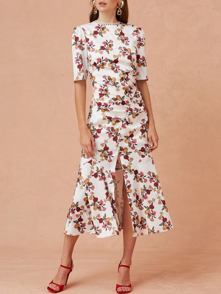 

People Elegant Crew Neck Short Sleeve Woven Midi Dress, Multicolor, Midi Dresses