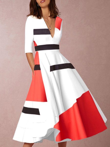 

Geometric V Neck Slim Fit Half Sleeve Dress, White, Maxi Dresses