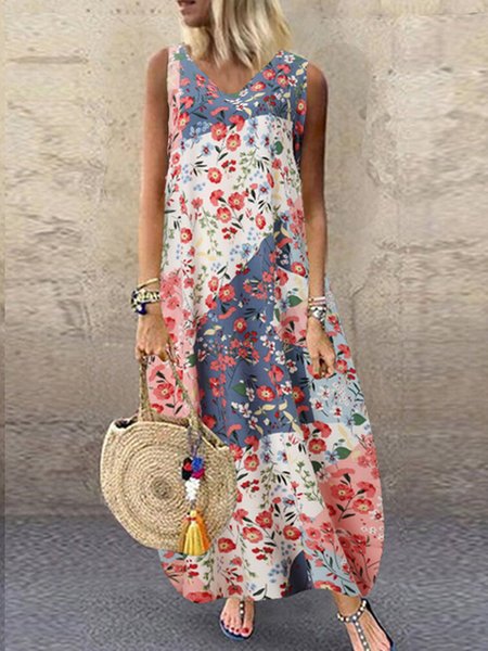

Vacation Loosen V Neck Sleeveless Woven Dresses, Multicolor, Maxi Dresses