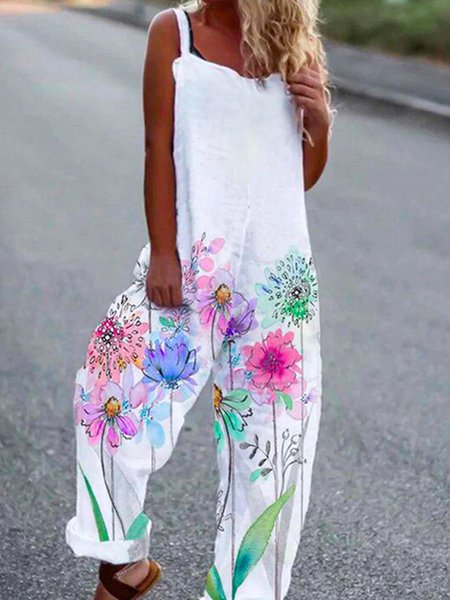 

Casual Cotton Linen Floral Print Sleeveless Comfort Jumpsuit, Multicolor, Jumpsuits＆Rompers