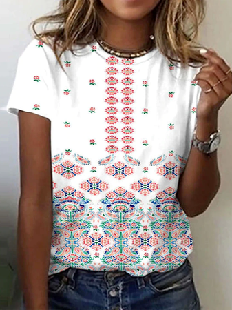

Vacation Boho Floral Tribal Crew Neck Short Sleeve Blouse, White, T-Shirts