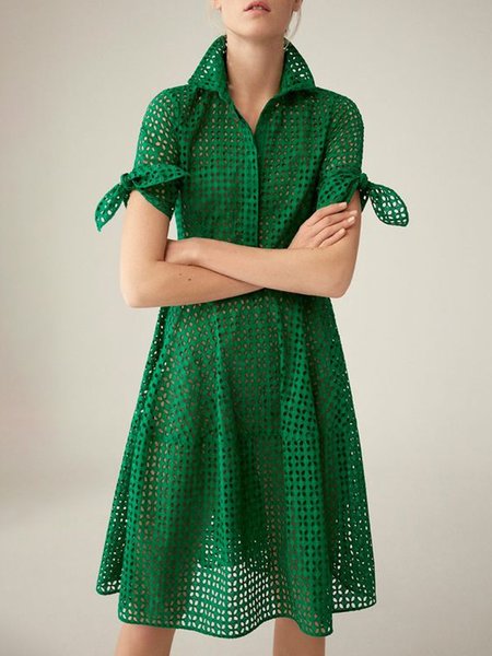

Loosen Pastoral Shirt Collar Short Sleeve Woven Midi Dress, Green, Midi Dresses