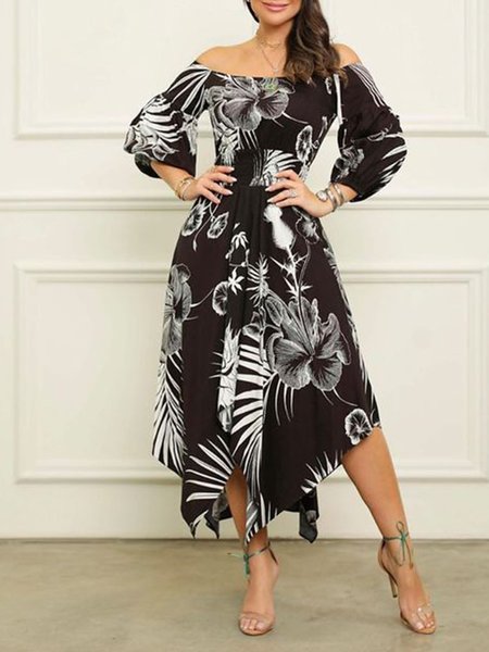 

Boat Neck Regular Fit Vacation Long Sleeve Woven Dress, Black-white, Midi Dresses