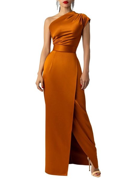 

Elegant One Shoulder Slit Woven Dress, Brown, Maxi Dresses