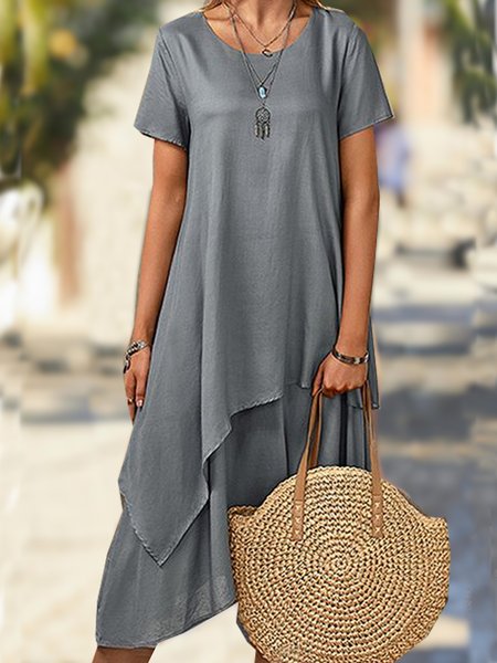 

Vacation Solid Irregular Craftsmanship Asymmetric Loosen Crew Neck Long Short Sleeve Woven Dress, Gray, Midi Dresses