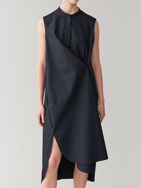 

Solid Straight Casual Sleeveless Woven Dress, Black, Midi Dresses